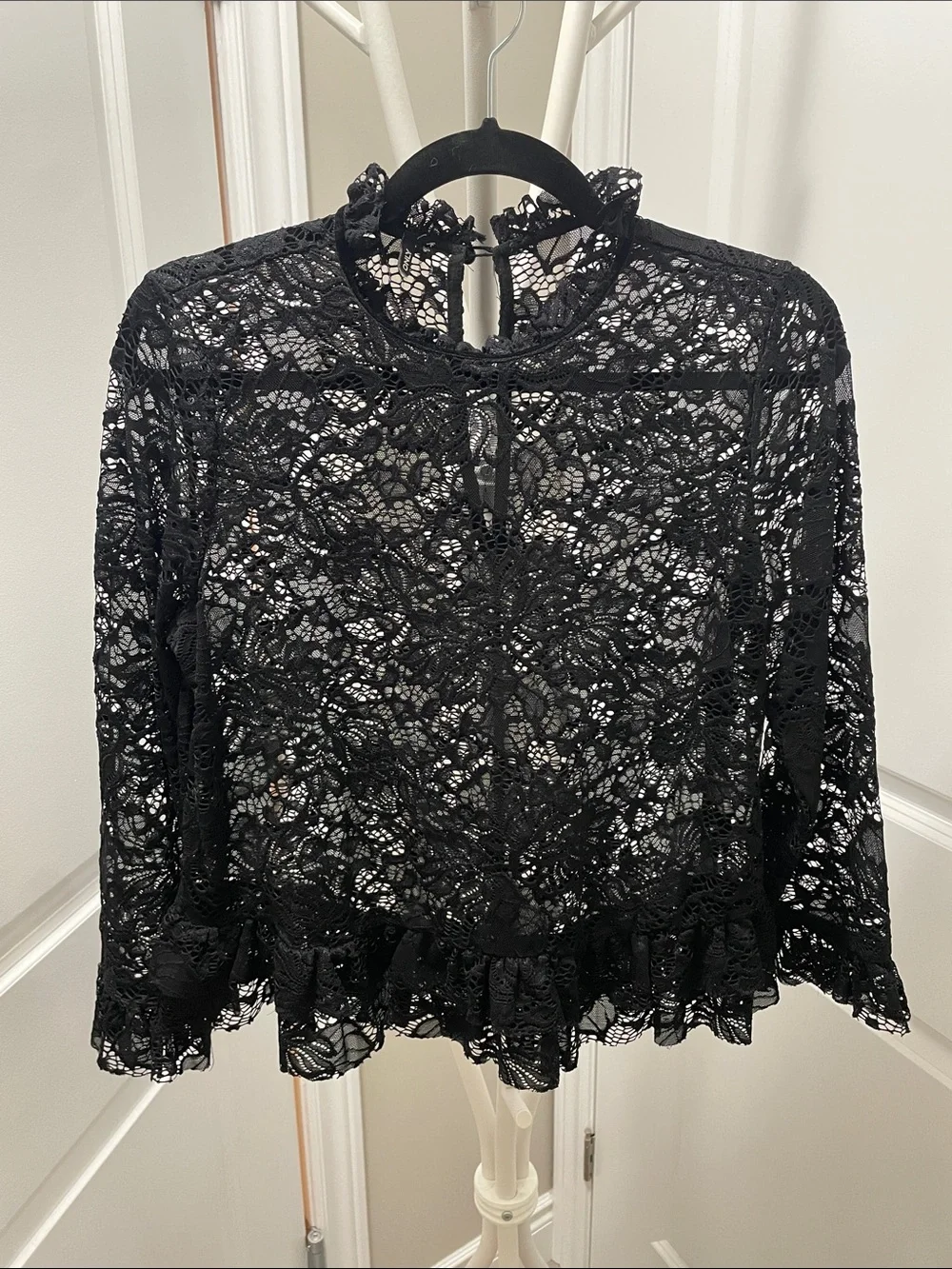 Only Black Lace Ruffle Hem Long Sleeve Blouse - Picture 1 of 5